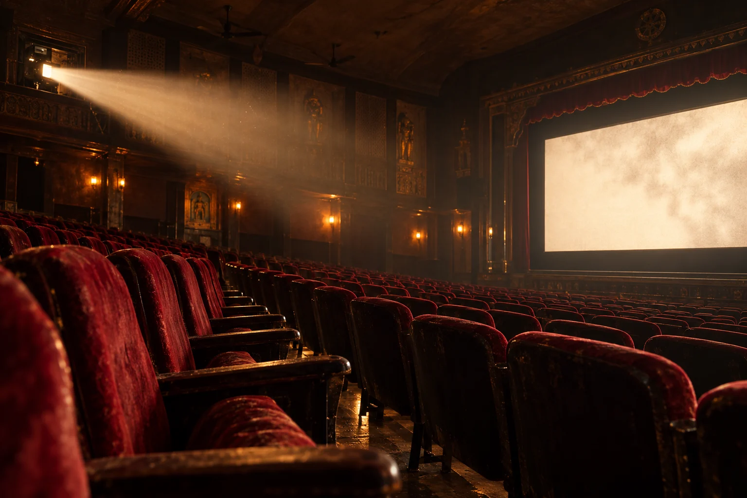 Warm projector light passing over velvet seats in an old cinema