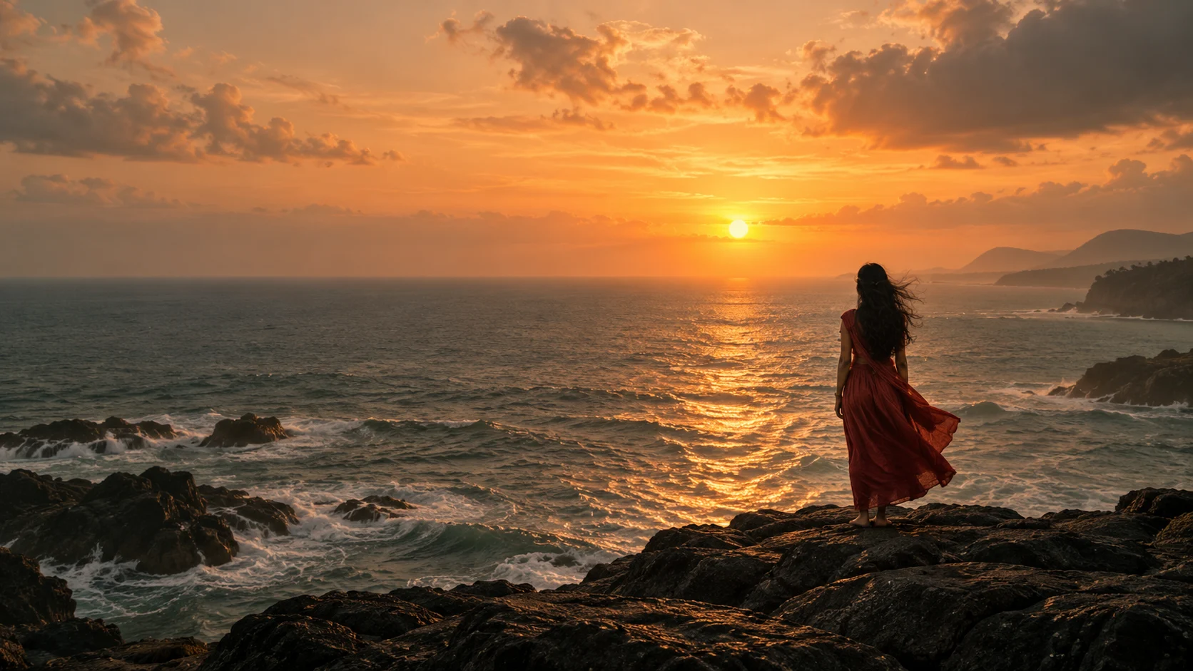 Golden light spilling across the ocean toward a lone dreamer